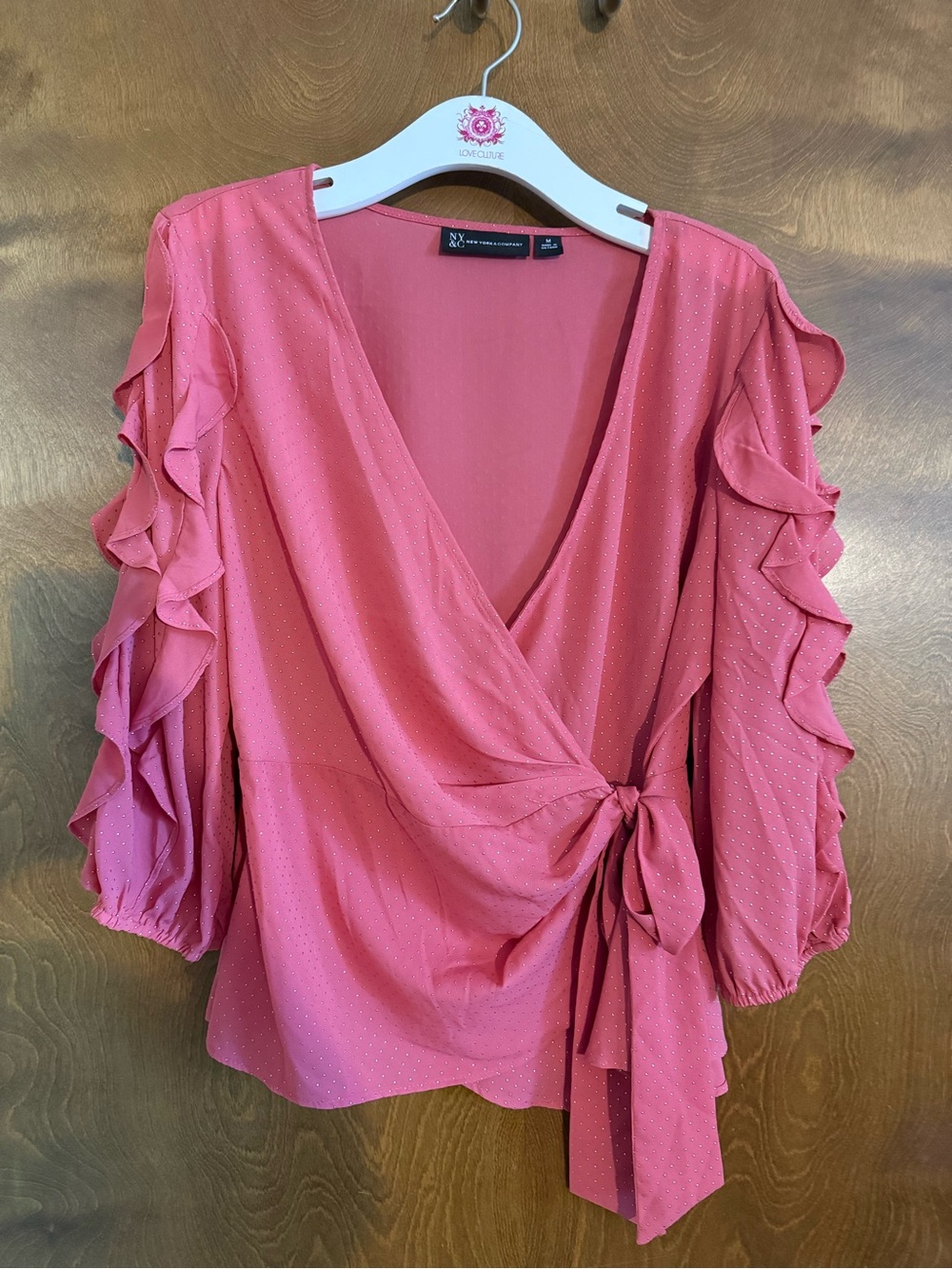 New York & Company Rose Pink Wrap Ruffle Sleeve Blouse